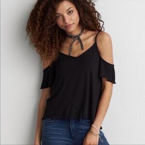 AMERICAN EAGLE Women’s Black Short Sleeve Cold Shoulder Strappy Blouse Medium